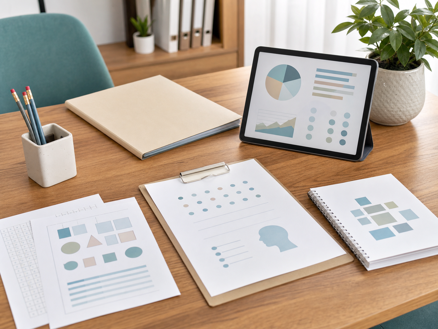 Mesa profesional con materiales de evaluación, gráficos abstractos, carpeta y tablet