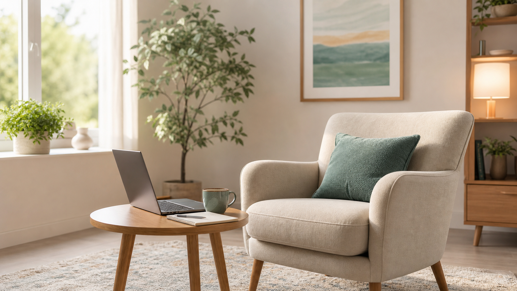 Consulta online cálida con sillón, mesa de trabajo y ordenador portátil